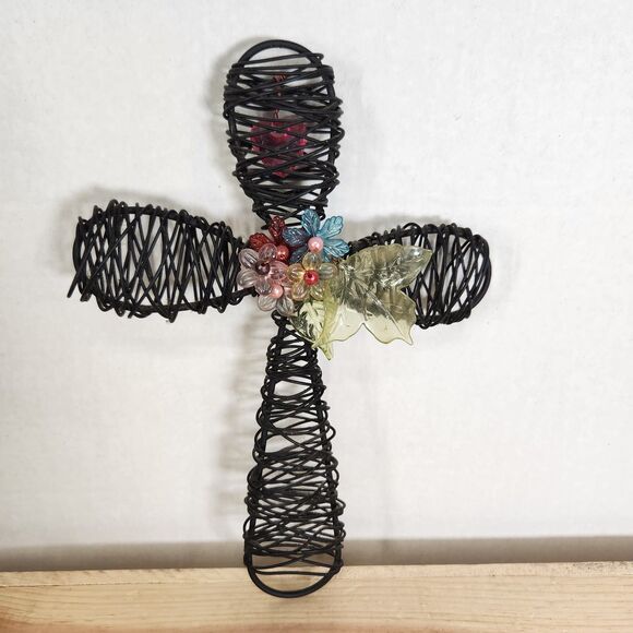 Metal Cross W/ Flowers Blk  10"Long, 7"Wide - Picture 1 of 5